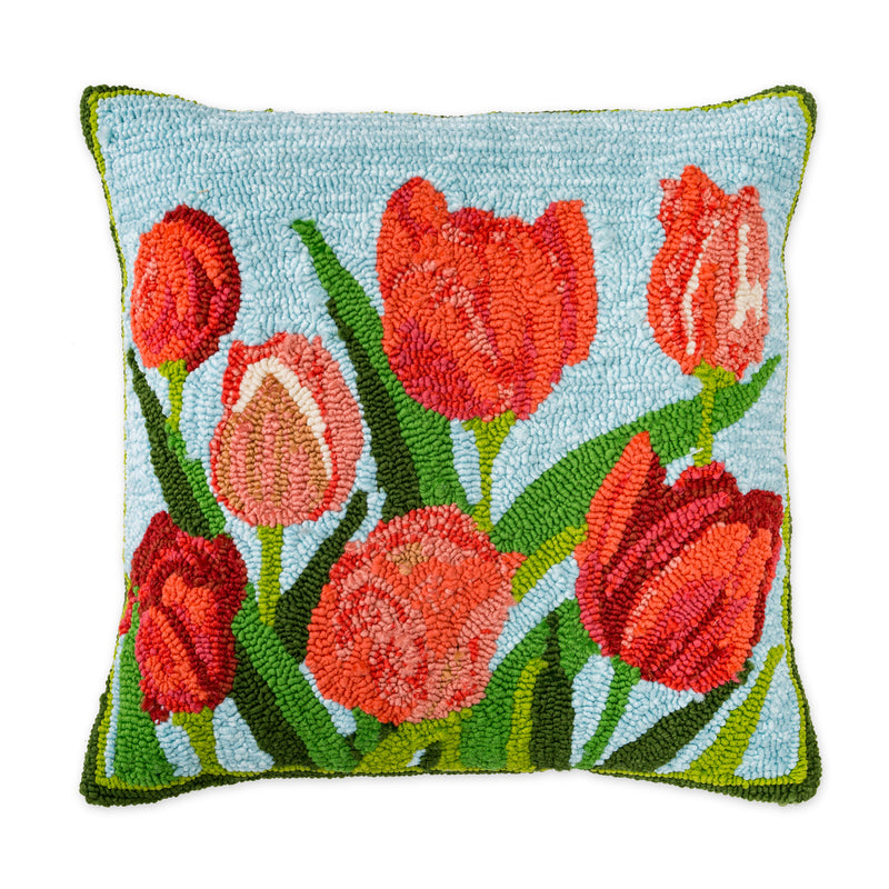 Evergreen Rugs,Indoor/Outdoor Pink Tulips Hooked Polypropylene Throw Pillow 18"x18",18x18x1.5 Inches