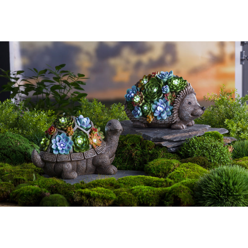 Evergreen Statuary,Solar Lighted Succulent Resin Animal Garden Statue - Hedgehog,11.5x6x7 Inches