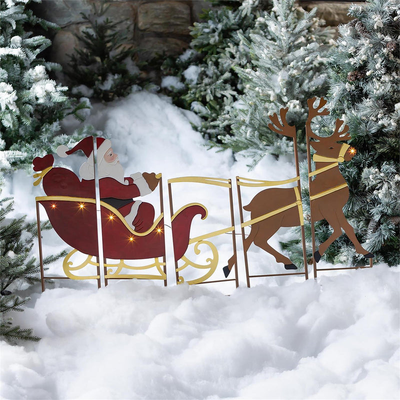 Santa,Sleigh and Reindeer Lighted Landscape Panel Stakes,Set of 5