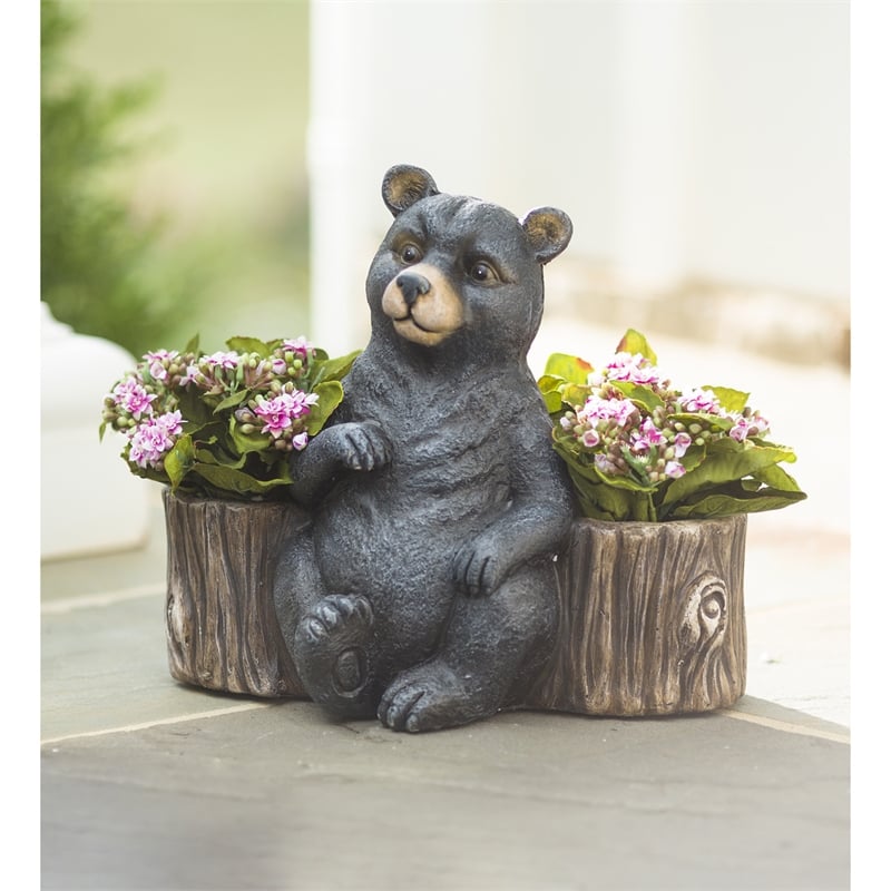 Evergreen Statuary,Faux Stone Bear Statue Double Planter,13.75x8.46x12.4 Inches