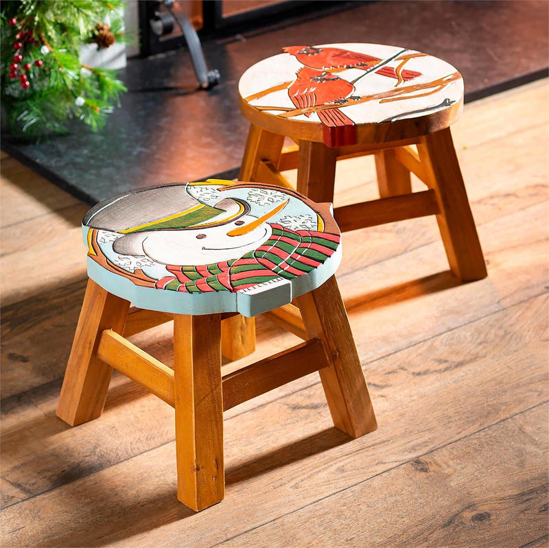Hand-Carved Acacia Wood Snowman Footstool