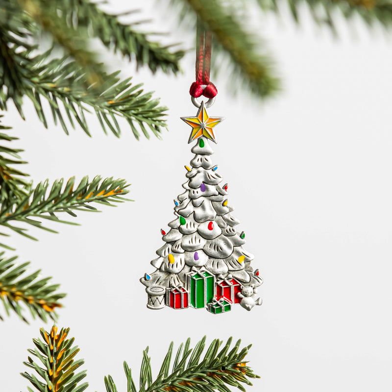 Evergreen Holiday Decorations,Solid Pewter Christmas Tree Ornament - Christmas Tree with Presents,2.61x0.15x2.88 Inches