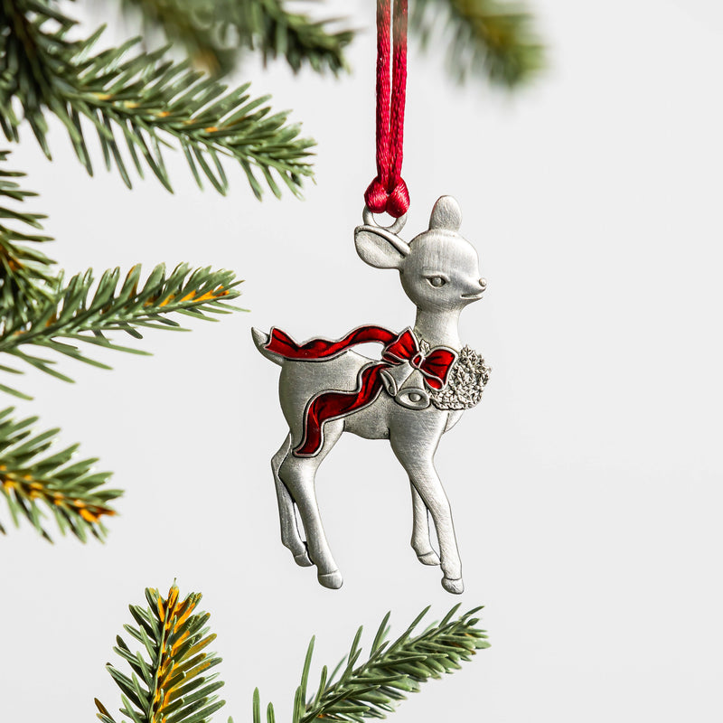 Evergreen Holiday Decorations,Solid Pewter Christmas Tree Ornament - Deer with Bow,2.61x0.15x2.88 Inches