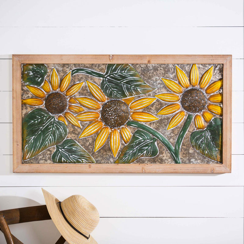 Metal Embossed Sunflower Wood Framed Wall Décor