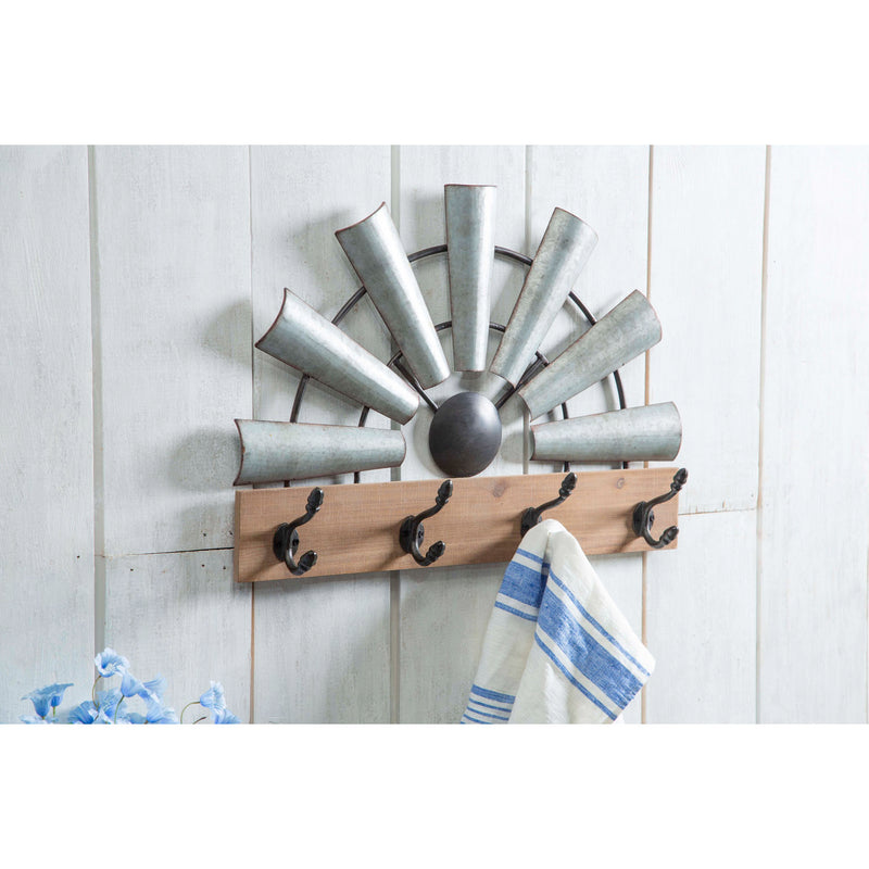 Evergreen Indoor Furniture,Galvanized Metal Windmill and Wood Hanging Wall Hooks,23.6x3.9x16.9 Inches