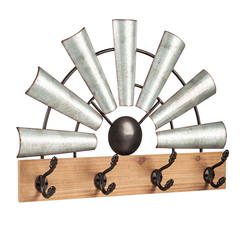Evergreen Indoor Furniture,Galvanized Metal Windmill and Wood Hanging Wall Hooks,23.6x3.9x16.9 Inches