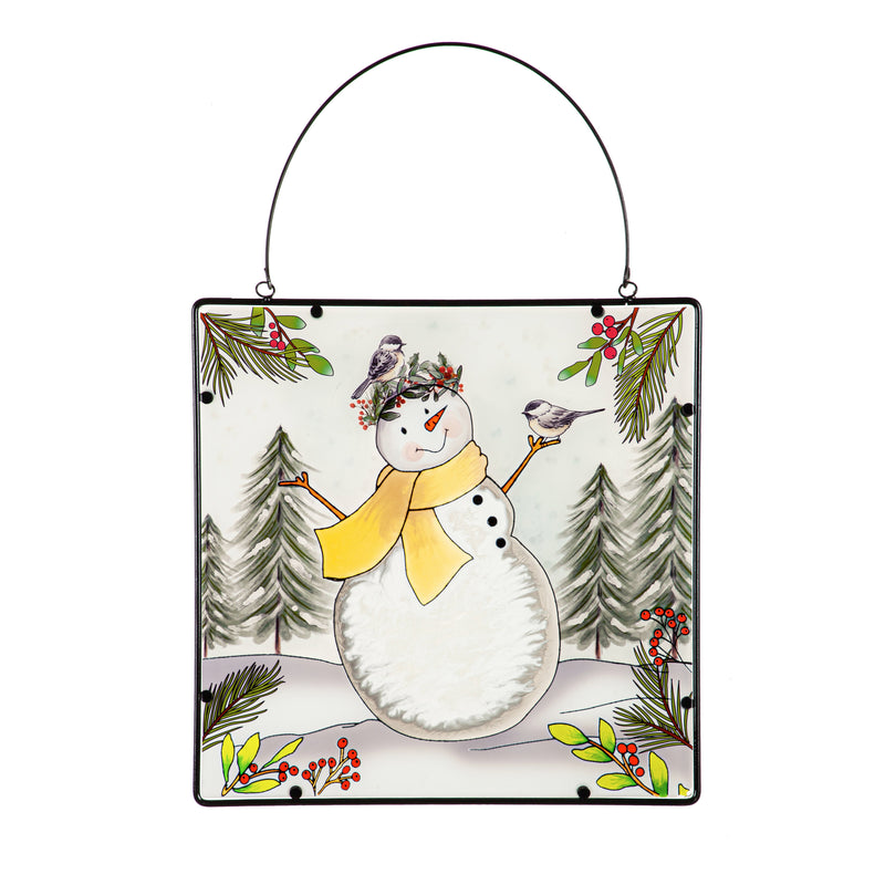 Evergreen Home Accents,16" H x 16" L Snowman & Chickadees Hanging Glass Wall Art,16x0.19x24 Inches