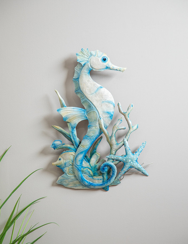 Evergreen Home Accents,Seahorse in Coral Capiz & Metal Wall Décor,1.75x15x21 Inches