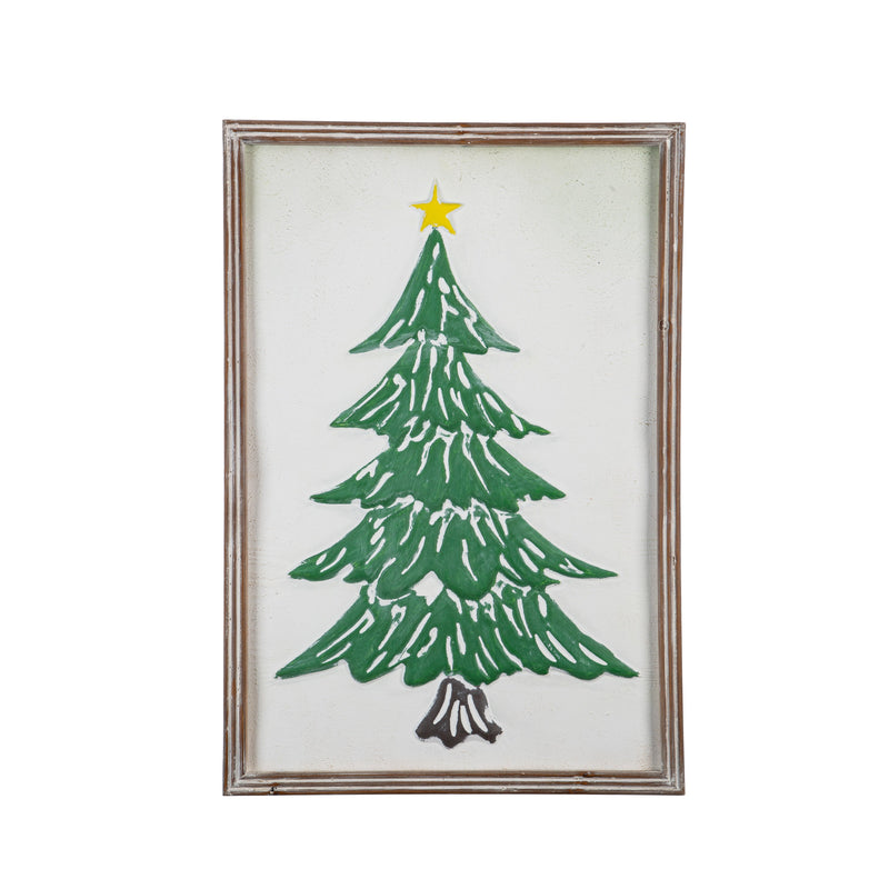 Metal Embossed Wall Décor with Wooden Frame, Christmas Tree,6awd980