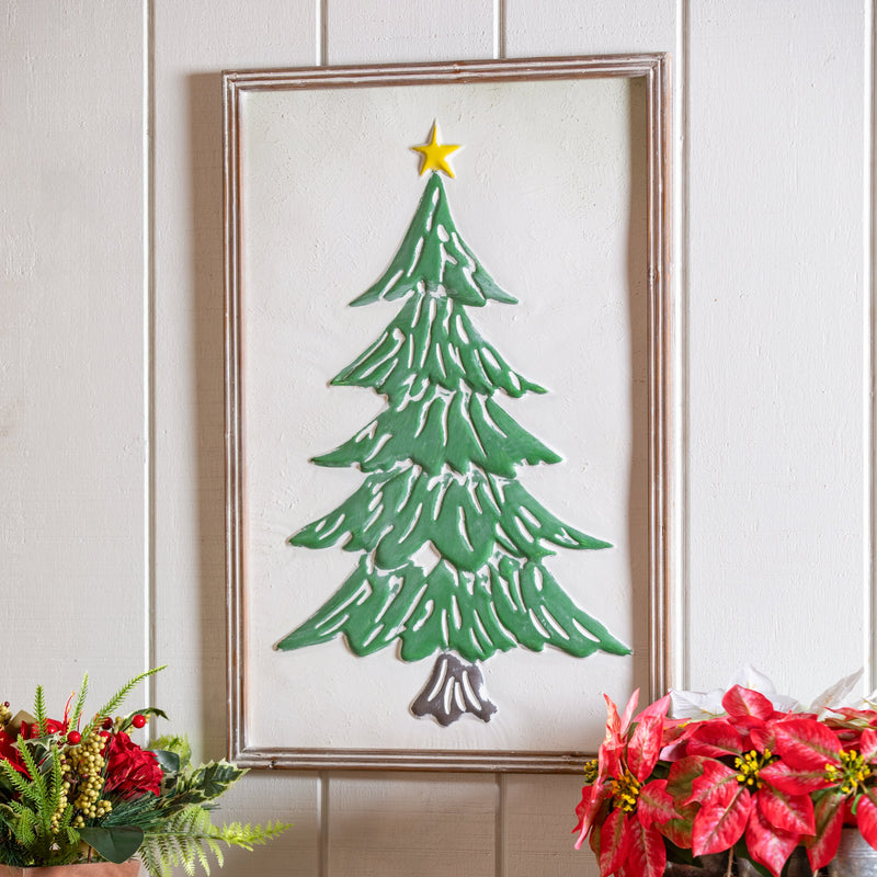 Metal Embossed Wall Décor with Wooden Frame, Christmas Tree,6awd980