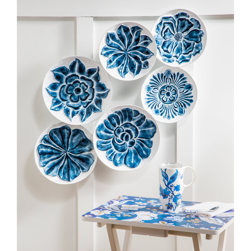 Six Round Plate Blue and White Embossed Wall Décor,6m538