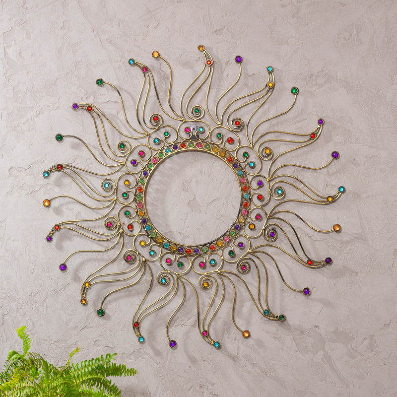 Evergreen Garden Accents,Colorful Beaded Metal Sunburst Outdoor Wall Décor,24.41x24.41x0.63 Inches