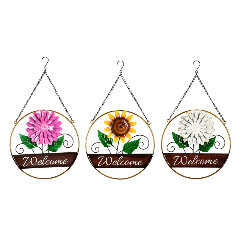 12" Round Floral Hanging Garden Sign with Chain , 3 Asst,6m779