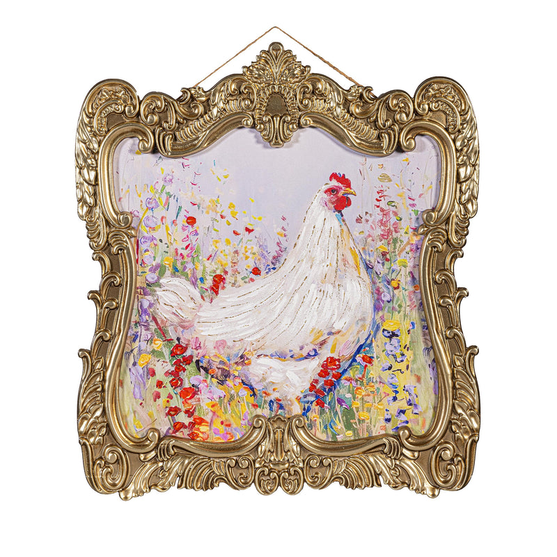 Petal & Plow Indoor Wall Decor, Wood, Chicken in Gold Decorative Frame, 18" L x 20" H