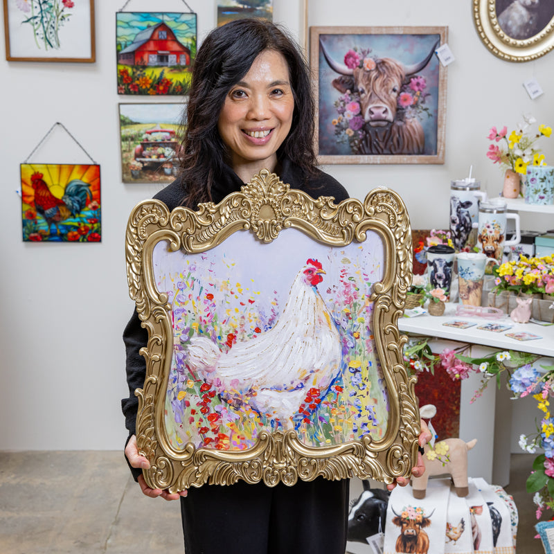 Petal & Plow Indoor Wall Decor, Wood, Chicken in Gold Decorative Frame, 18" L x 20" H