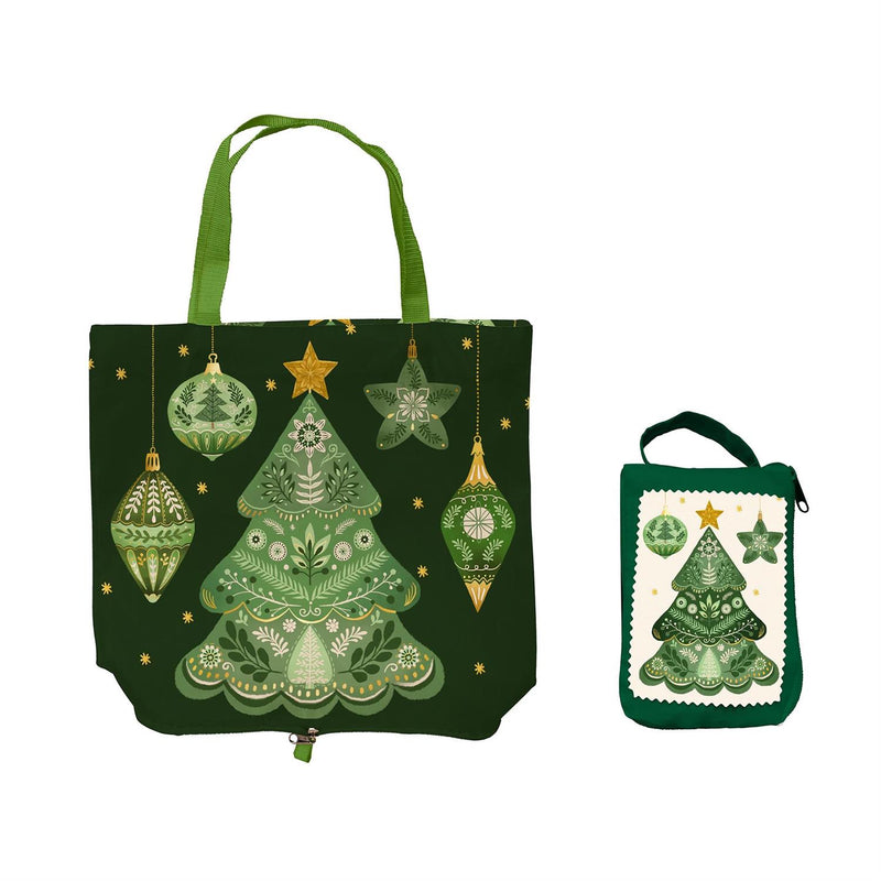 Shades of Green Tote Foldable Compact Tote Bag, Christmas Tree, 15.5"L x 4.5"W x 16.5"H