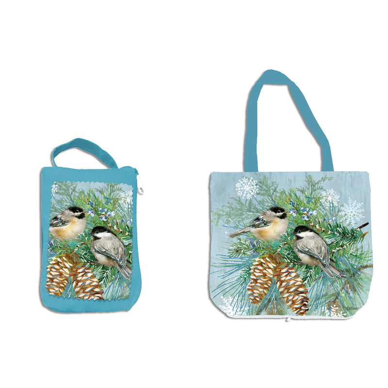 Evergreen Gifts,Winter Frost Chickadees Compact Tote Bag,15x0.1x14 Inches