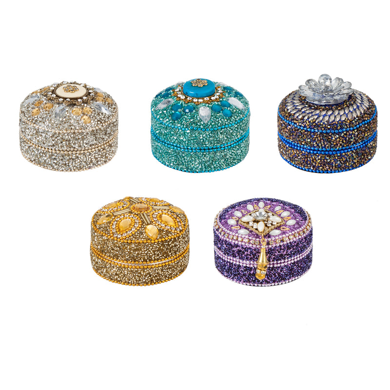 Beaded Round Trinket Box With Top Brooch, 5 Asst,7ks048