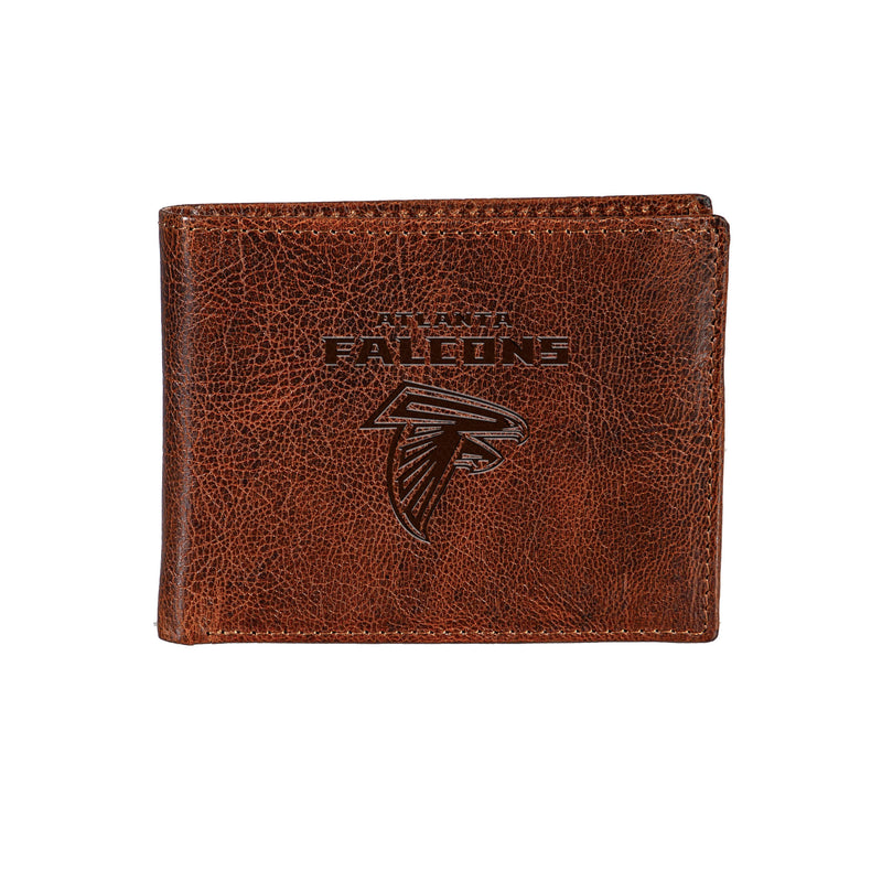 Atlanta Falcons, Embossed 100% Genuine Tumbled Leather Passcase Bi-Fold Wallet, Brown
