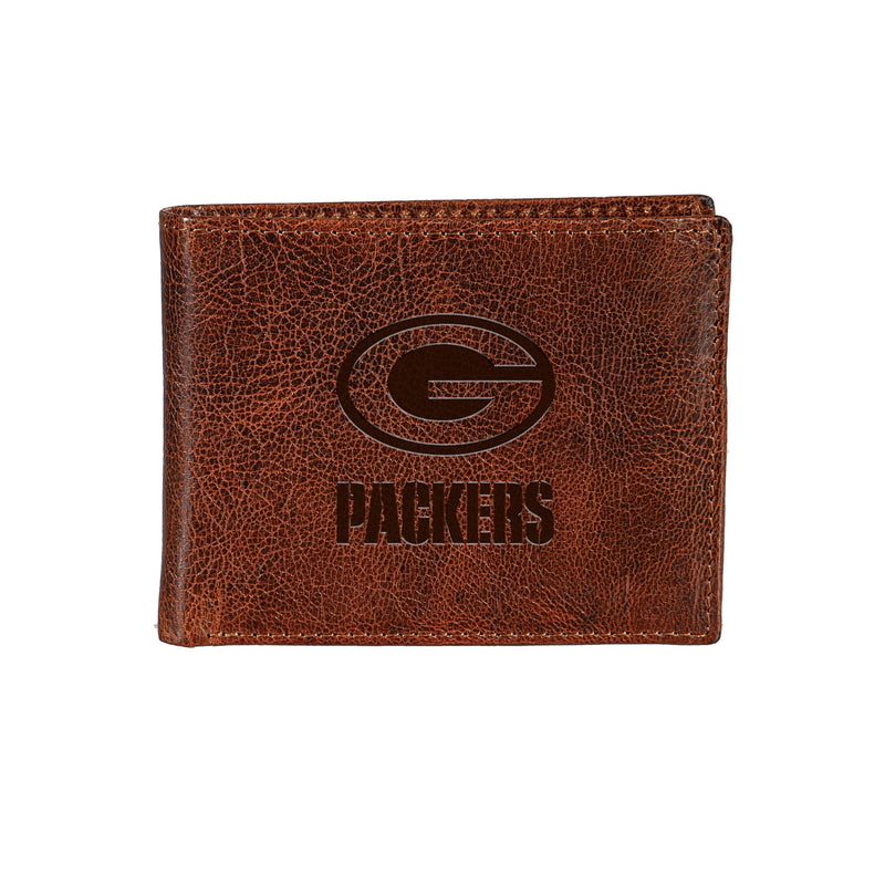 Green Bay Packers, Embossed 100% Genuine Tumbled Leather Passcase Bi-Fold Wallet, Brown