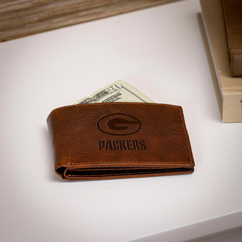 Green Bay Packers, Embossed 100% Genuine Tumbled Leather Passcase Bi-Fold Wallet, Brown