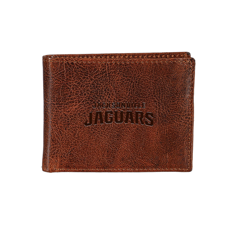 Jacksonville Jaguars, Embossed 100% Genuine Tumbled Leather Passcase Bi-Fold Wallet, Brown