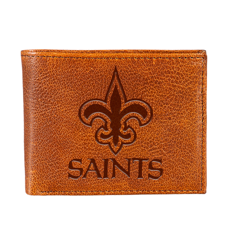 New Orleans Saints, Embossed 100% Genuine Tumbled Leather Passcase Bi-Fold Wallet, Brown