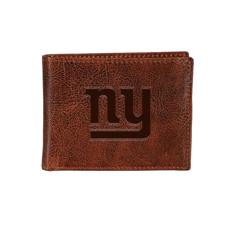 New York Giants, Embossed 100% Genuine Tumbled Leather Passcase Bi-Fold Wallet, Brown