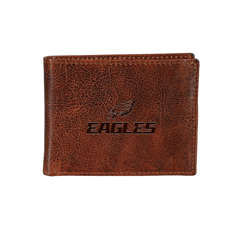 Philadelphia Eagles, Embossed 100% Genuine Tumbled Leather Passcase Bi-Fold Wallet, Brown