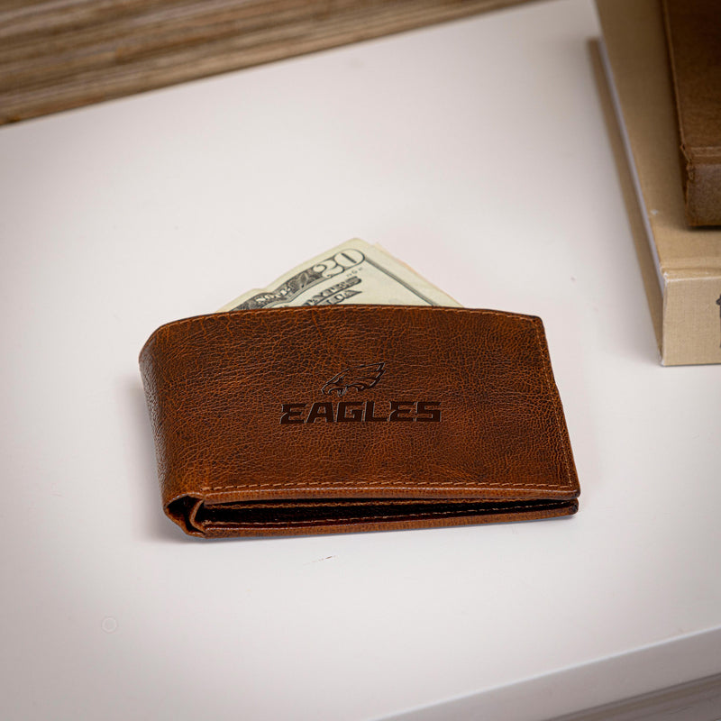 Philadelphia Eagles, Embossed 100% Genuine Tumbled Leather Passcase Bi-Fold Wallet, Brown