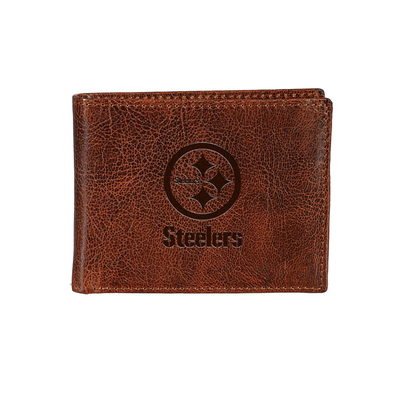 Pittsburgh Steelers, Embossed 100% Genuine Tumbled Leather Passcase Bi-Fold Wallet, Brown