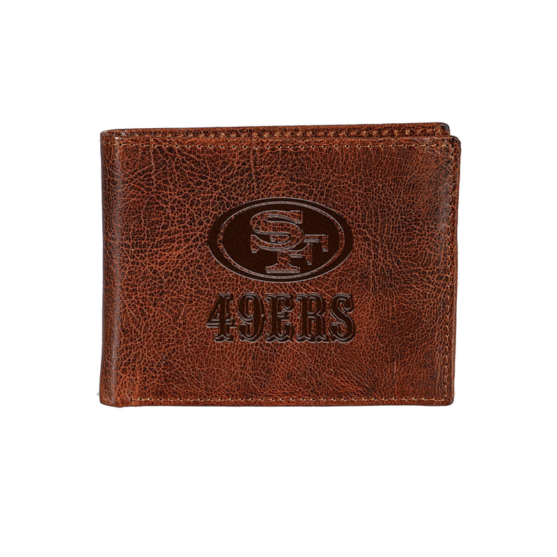 San Francisco 49ers, Embossed 100% Genuine Tumbled Leather Passcase Bi-Fold Wallet, Brown
