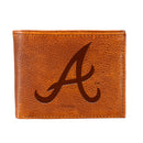 Atlanta Braves, Embossed 100% Genuine Tumbled Leather Passcase Bi-Fold Wallet, Brown