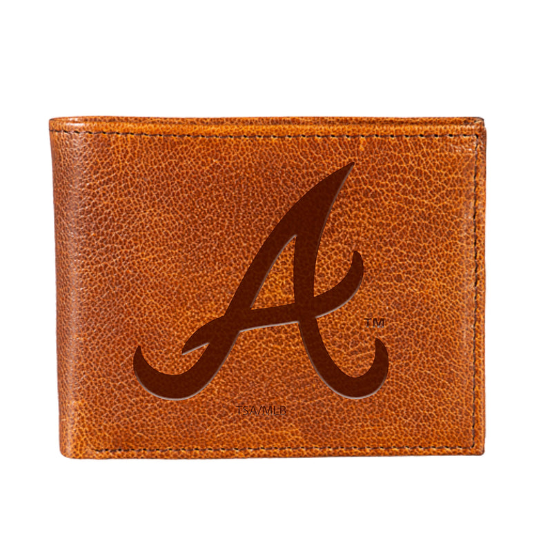 Atlanta Braves, Embossed 100% Genuine Tumbled Leather Passcase Bi-Fold Wallet, Brown
