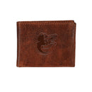Baltimore Orioles, Embossed 100% Genuine Tumbled Leather Passcase Bi-Fold Wallet, Brown