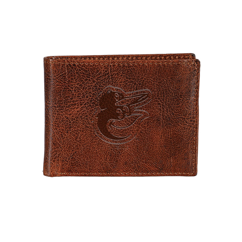 Baltimore Orioles, Embossed 100% Genuine Tumbled Leather Passcase Bi-Fold Wallet, Brown