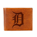 Detroit Tigers, Embossed 100% Genuine Tumbled Leather Passcase Bi-Fold Wallet, Brown