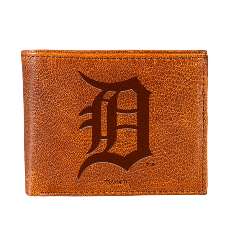 Detroit Tigers, Embossed 100% Genuine Tumbled Leather Passcase Bi-Fold Wallet, Brown