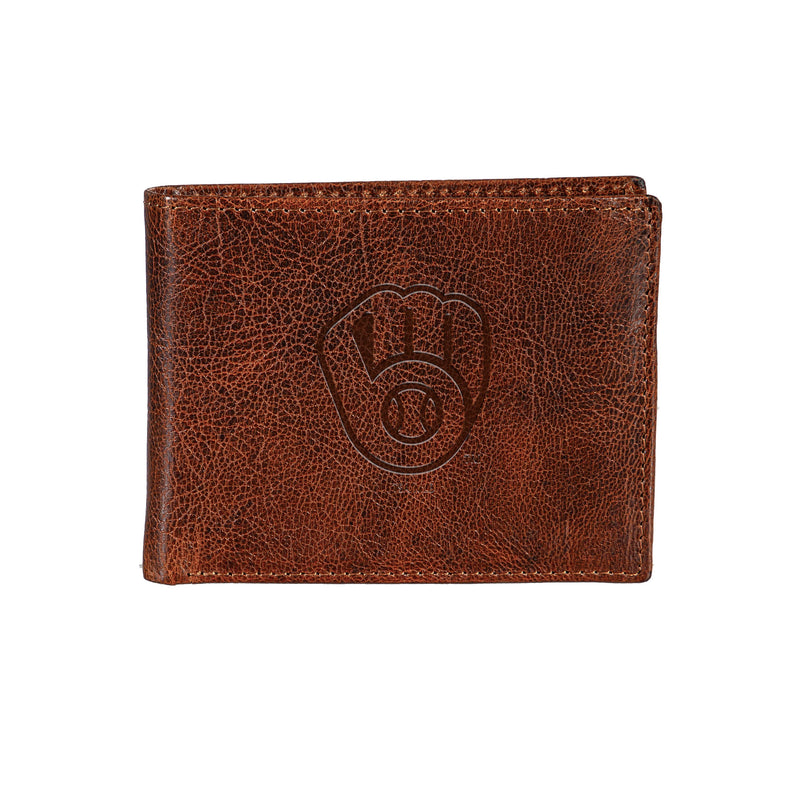 Milwaukee Brewers, Embossed 100% Genuine Tumbled Leather Passcase Bi-Fold Wallet, Brown