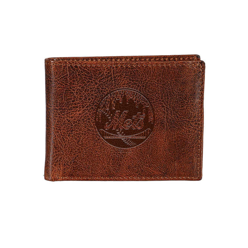 New York Mets, Embossed 100% Genuine Tumbled Leather Passcase Bi-Fold Wallet, Brown