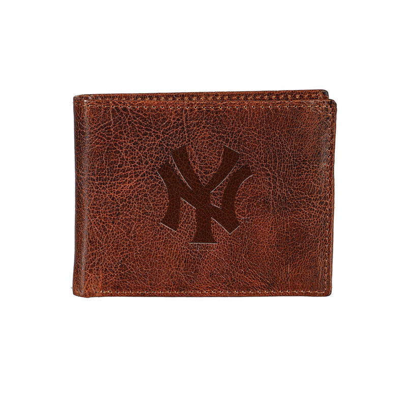 New York Yankees, Embossed 100% Genuine Tumbled Leather Passcase Bi-Fold Wallet, Brown
