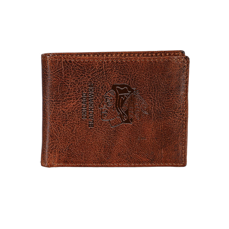 Chicago Brownhawks, Embossed 100% Genuine Tumbled Leather Passcase Bi-Fold Wallet, Brown
