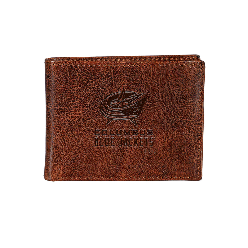 Columbus Blue Jackets, Embossed 100% Genuine Tumbled Leather Passcase Bi-Fold Wallet, Brown