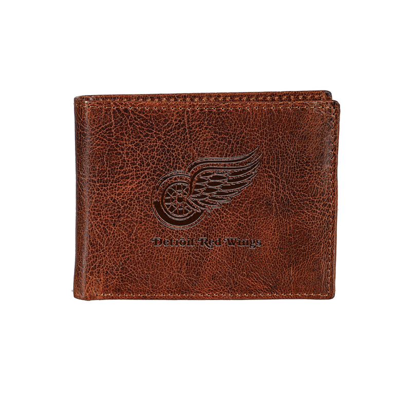 Detroit Red Wings, Embossed 100% Genuine Tumbled Leather Passcase Bi-Fold Wallet, Brown