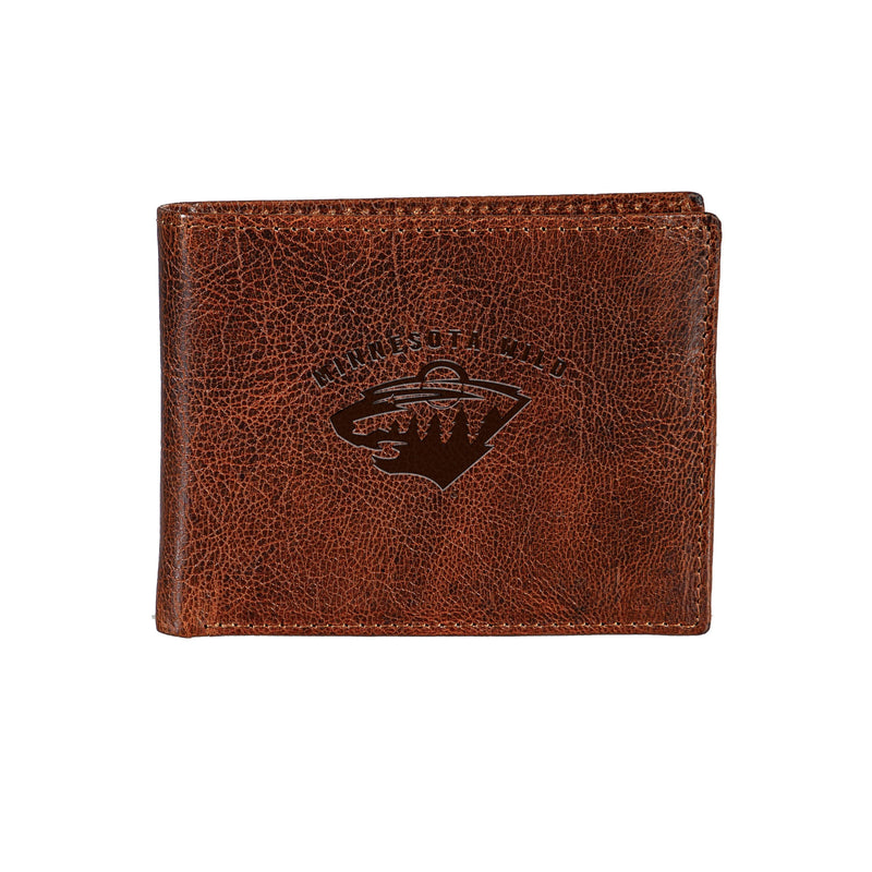 Minnesota Wild, Embossed 100% Genuine Tumbled Leather Passcase Bi-Fold Wallet, Brown