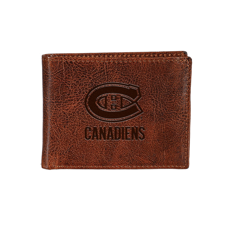 Montreal Canadiens, Embossed 100% Genuine Tumbled Leather Passcase Bi-Fold Wallet, Brown