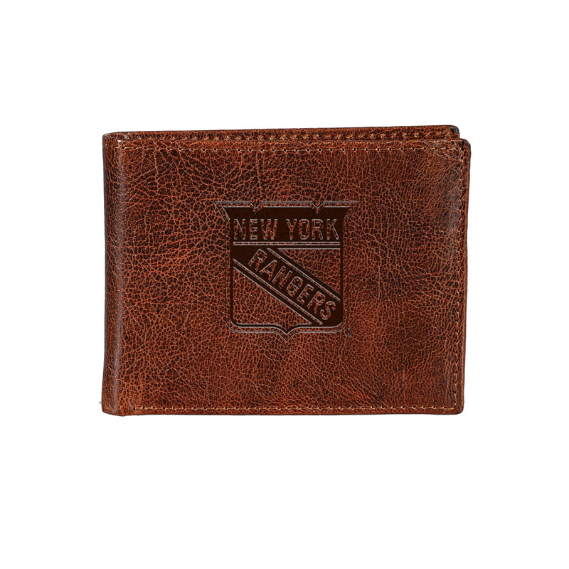 New York Rangers, Embossed 100% Genuine Tumbled Leather Passcase Bi-Fold Wallet, Brown