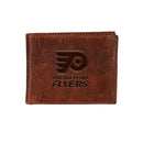 Philadelphia Flyers, Embossed 100% Genuine Tumbled Leather Passcase Bi-Fold Wallet, Brown