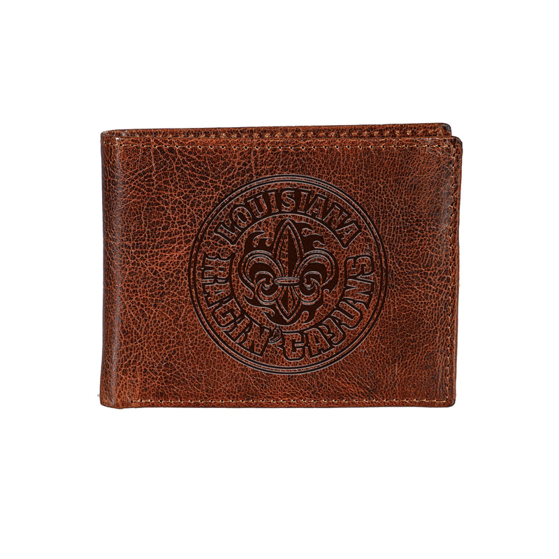 Louisiana at Lafayette U, Embossed 100% Genuine Tumbled Leather Passcase Wallet, Brown