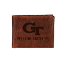 Georgia Tech, Embossed 100% Genuine Tumbled Leather Passcase Bi-Fold Wallet, Brown